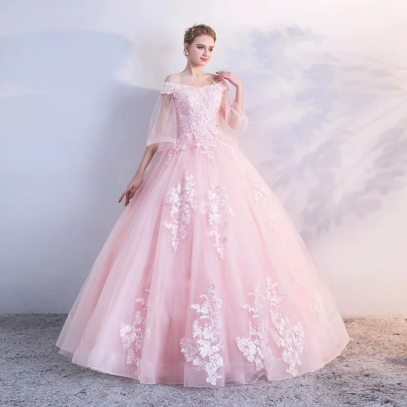 Lichtroze Quinceanera-Jurken Kant Geappliqueerd Van De Schouder Feestjurk Zoete Baljurk Klassieke Kanten Prom Dress Plus Size