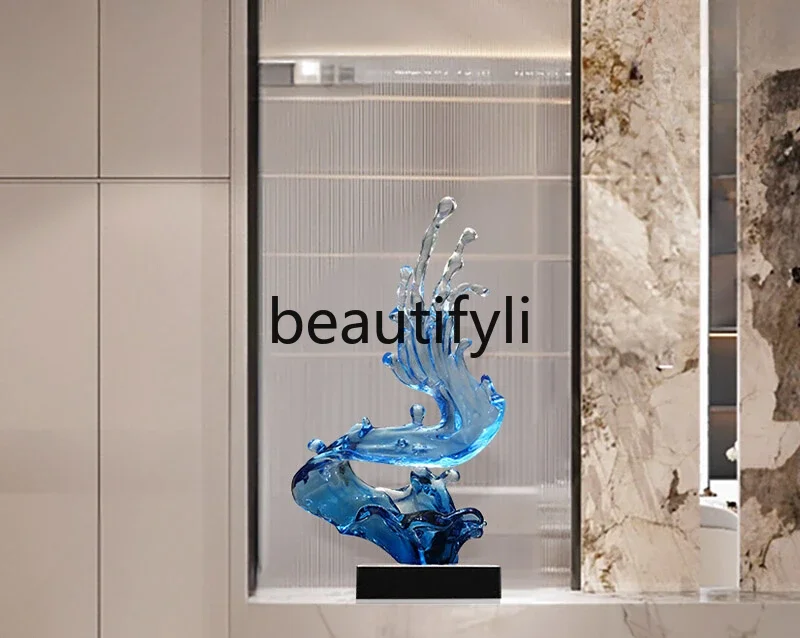 Imitation glazed transparent blue splash wave abstract art sculpture living room TV cabinet next to the entrance ornament