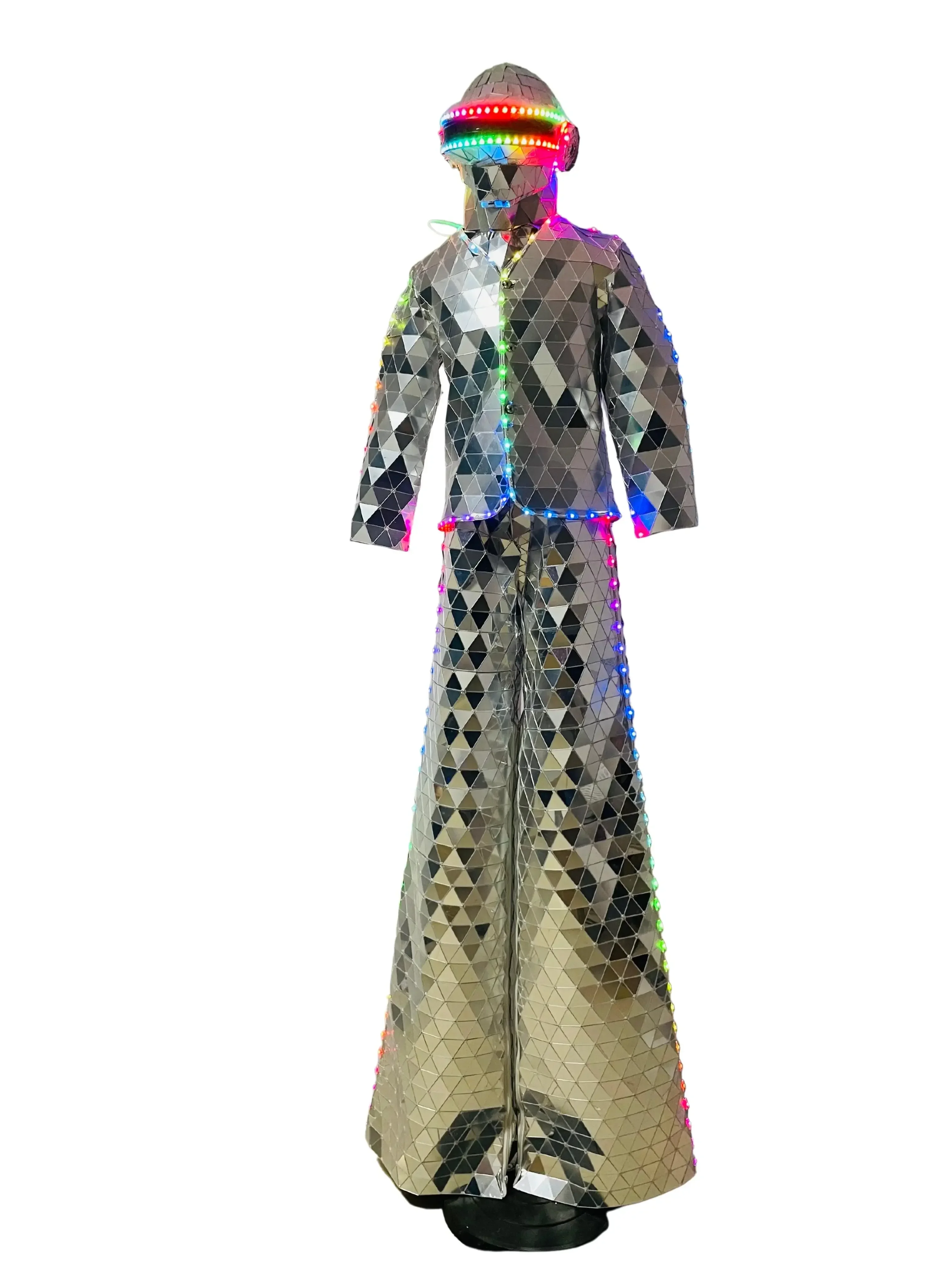 Bühnenaufführung LED Stelzen Walker Spiegel Kostüme Silber Mann Show Anzug Tanzkleidung für Party Nachtclub