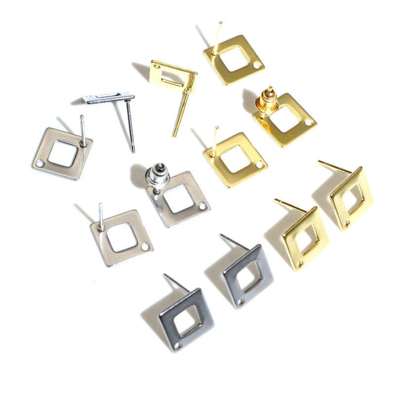 20pcs 10mm Square 316 Stainless Steel Gold Plated Pin Findings Stud Earring With Hole Connector For DIY Jewelry Making Supplies