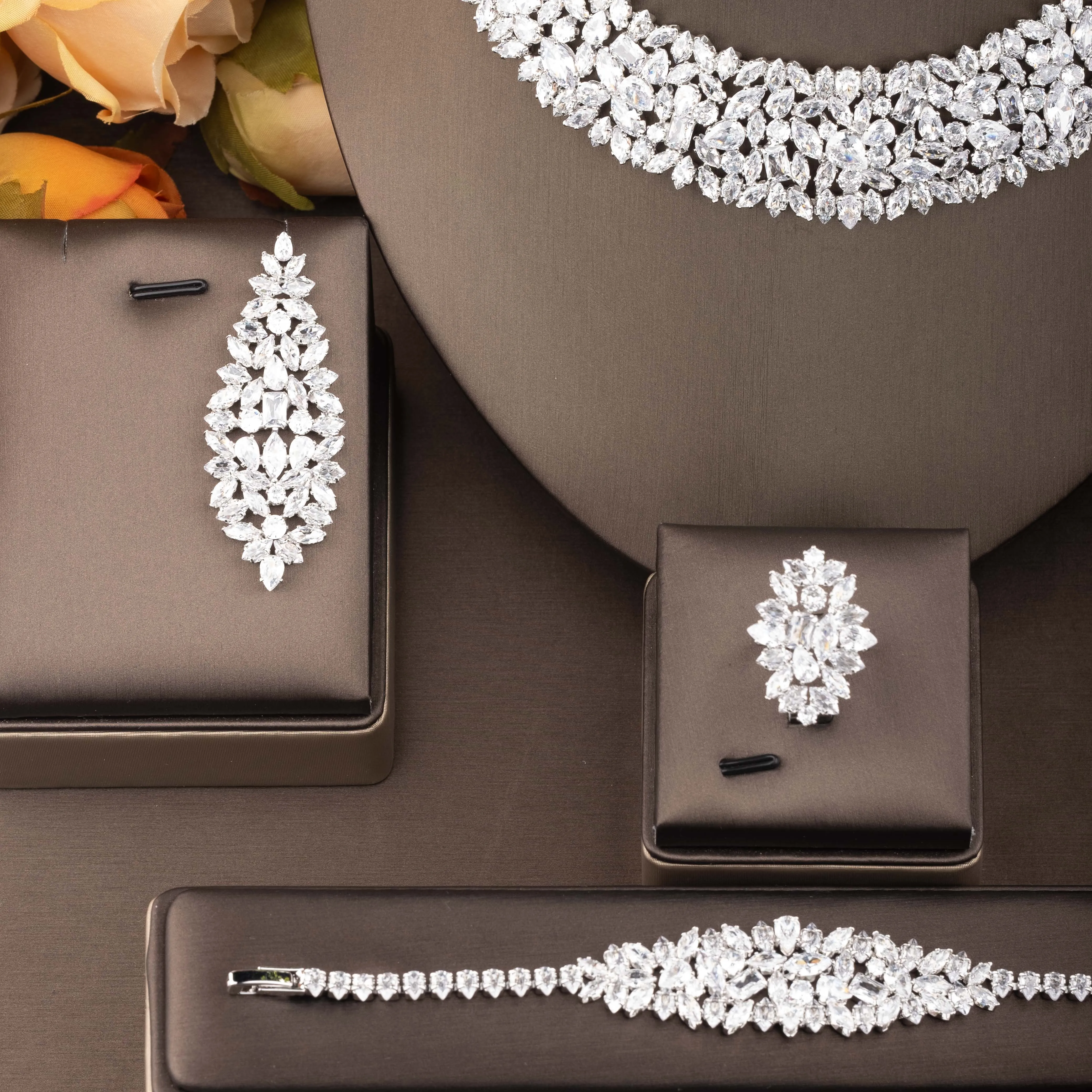 1 Set of Classic Cubic Zirconia Multi-Row Design Party Jewelry Set Suitable for Women to Wear at Weddings. Gift Box Not Included