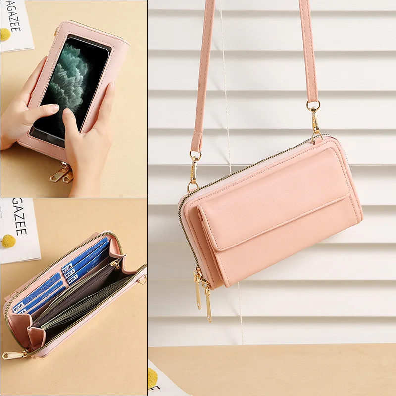 Pochette da donna con tracolla Touch Screen borsa per cellulare con cerniera portafoglio da donna in pelle portamonete portamonete borse a tracolla