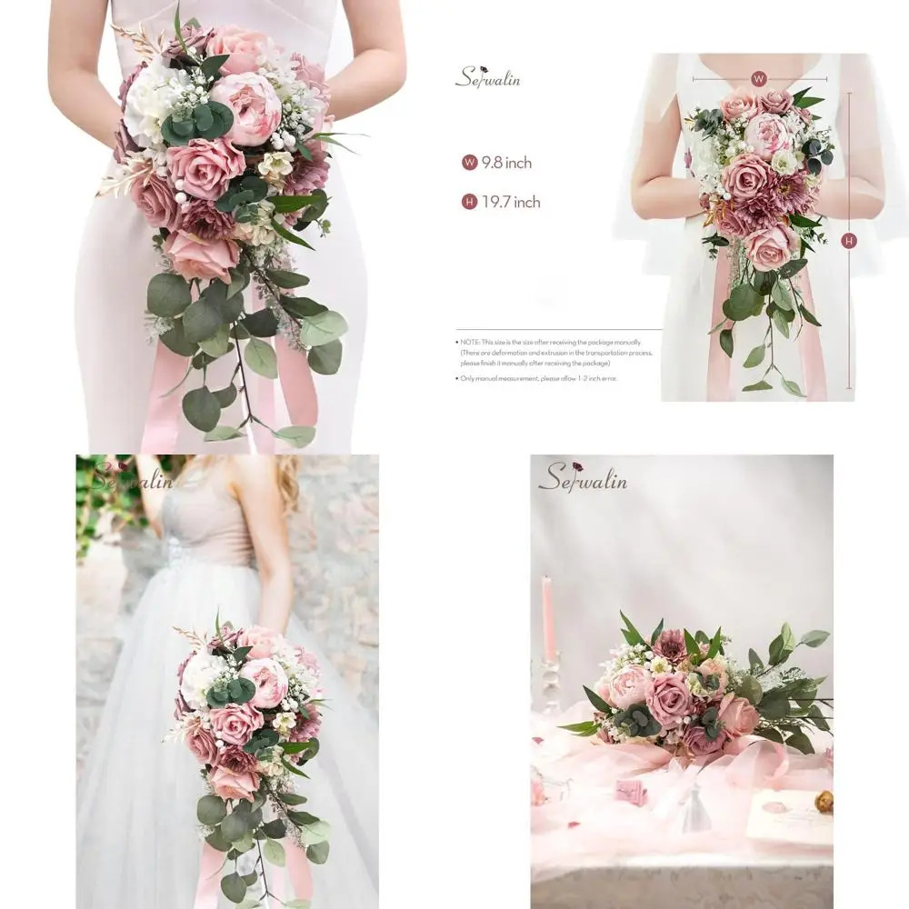 Bouquet da sposa da 9,8 pollici per la damigella d'onore della sposa, bouquet da sposa con peonie rosa polveroso per la sposa, bouquet di fiori nuziali che lancia B