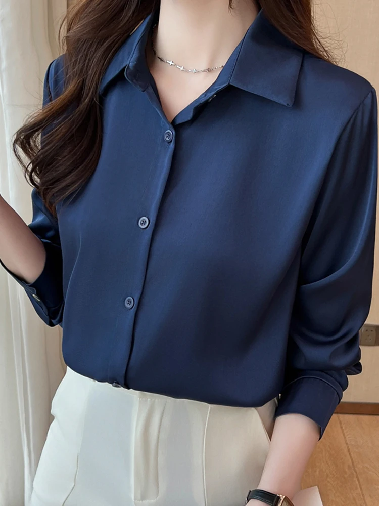 Fashion satin shirts for office ladies solid color Women\'s Blouses Long Sleeve Shirts Tops Blusas Mujer