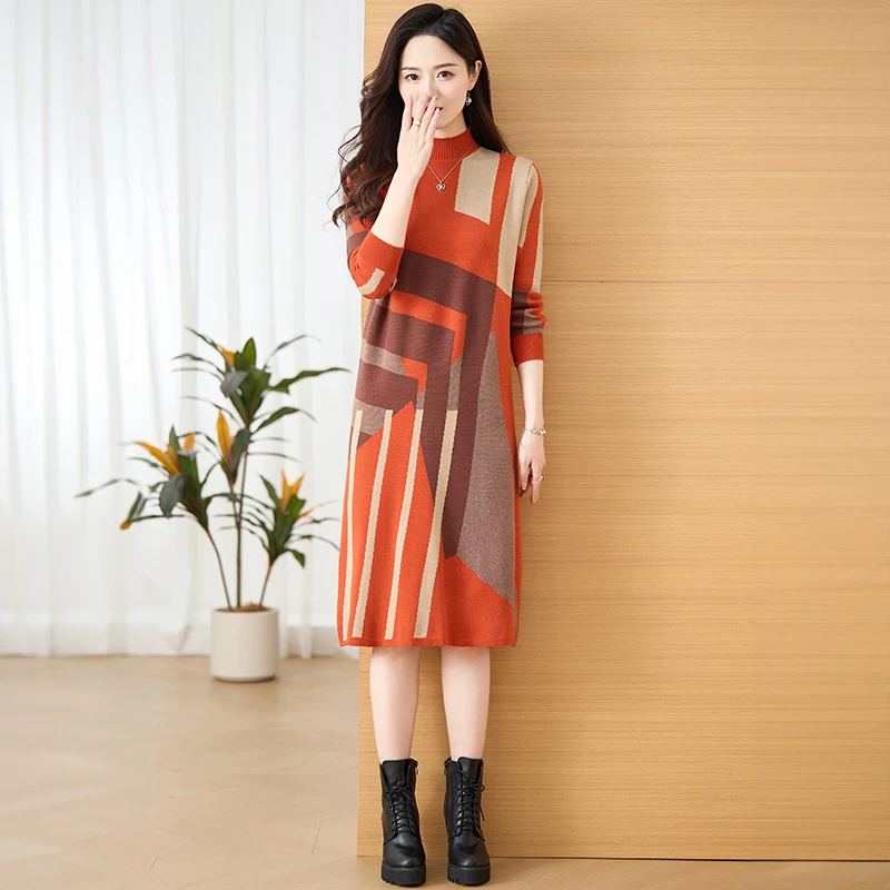 

Autumn Winter Knitted Cotton Plaid Midi Dress Women Korean Vintage Sweater Dress 2025 Elegant Bodycon Party Evening Dress