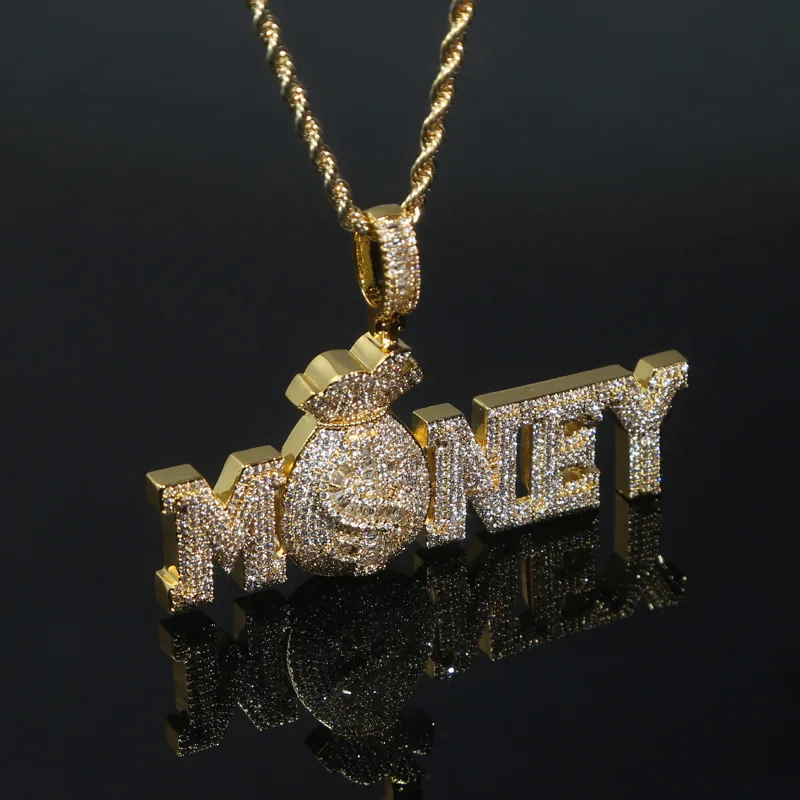 Hip Hop 5A+ CZ Stone Paved Bling Iced Out Money Bag Pendants Necklace for Men Rapper Jewelry Drop Shipping Gold Color