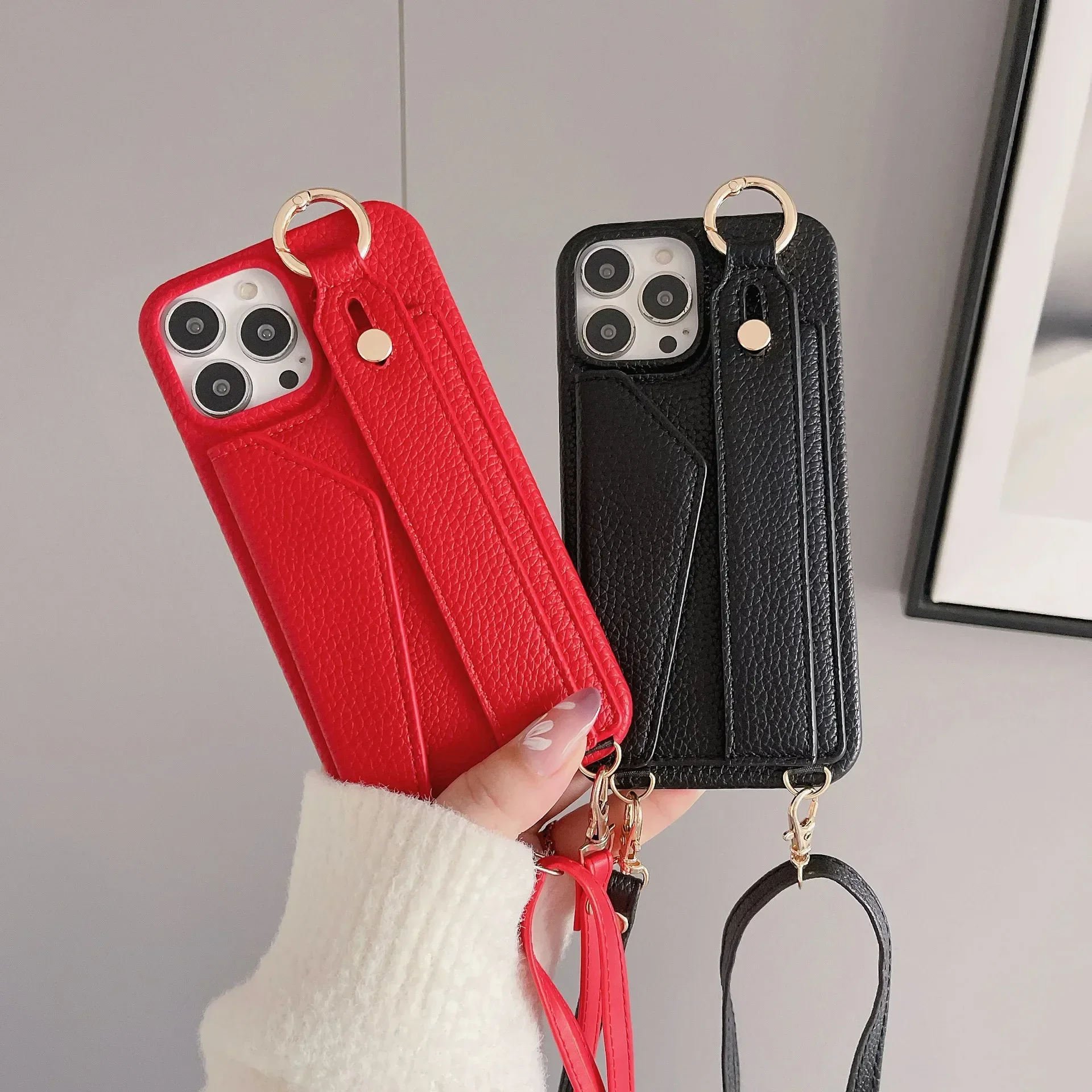 Ring-Crossbody-Handgelenkriemen-Brieftaschen-Lederhülle für iPhone 17 16 15 14 13 12 11 Pro Max Handyhülle mit Kartenfach und Lanyard – Detail 9