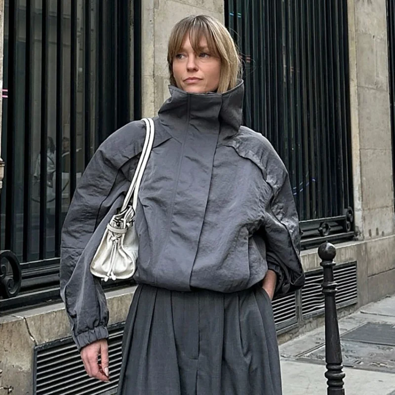 

Autumn Winter New American Style Gray Turtleneck Coat Women Outdoor Stand Collar