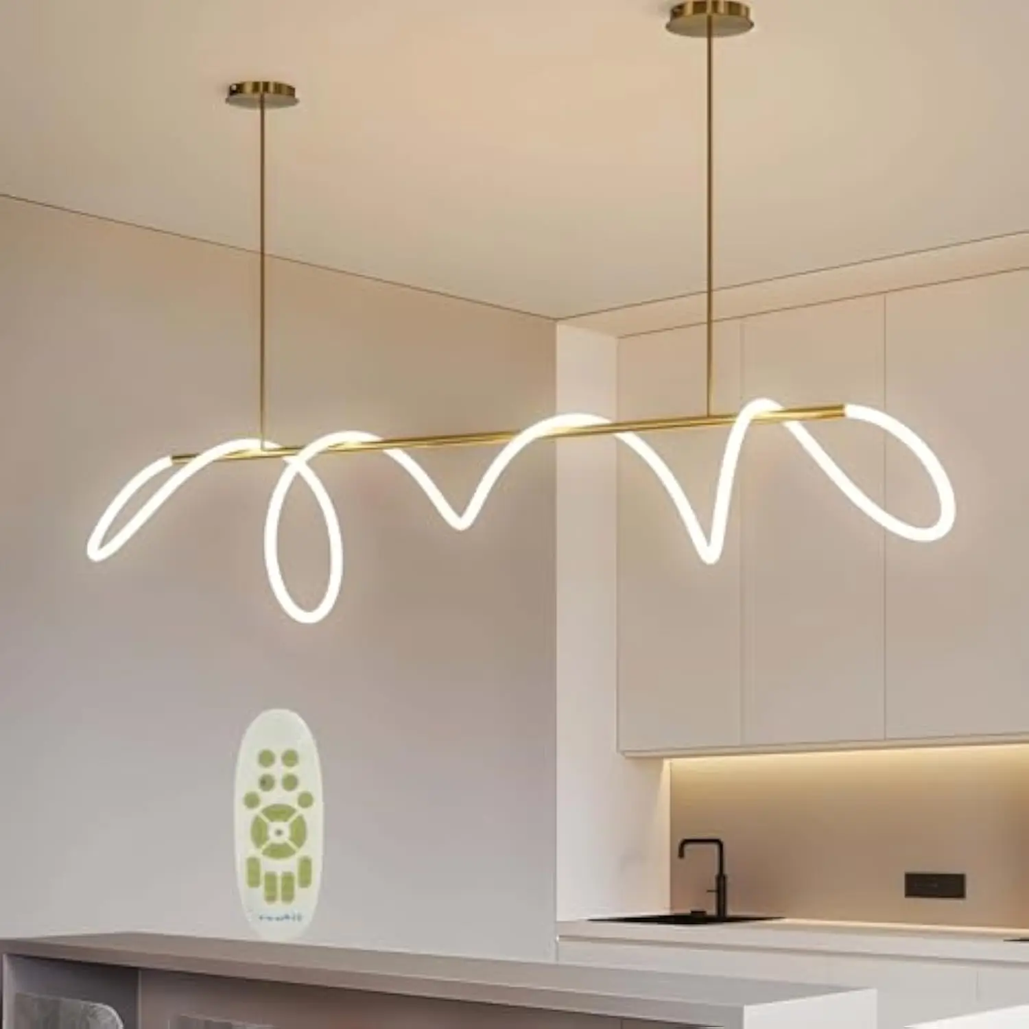 

Modern Led Linear Chandelier with Remote Control, Dimmable Adjustable Hanging Light for Kitchen Island, Dining Room, Bar - Gold