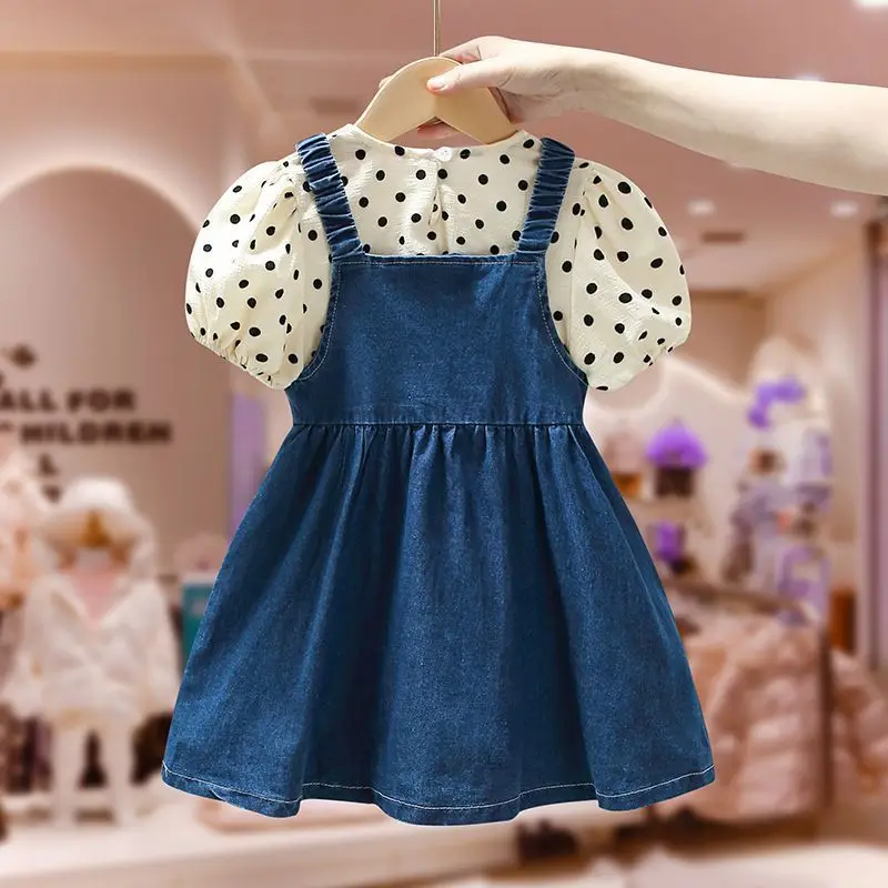 Baby Girls Dress Summer Clothing Set 2023 New Princess Style Denim Strap Dress Foreigner Set Princess Dress Two Piece Set