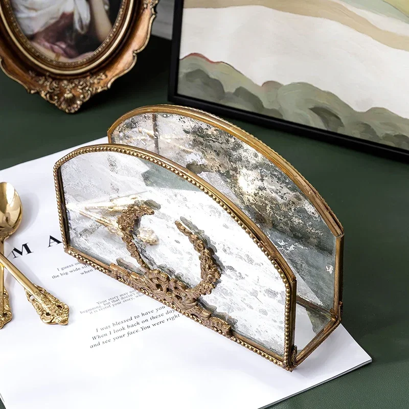 European Vintage Tissue Rack Retro Brass & Glass Napkin Organizer Anti-Oxidation Decorative Multi-Scene Paper Holder - view 5