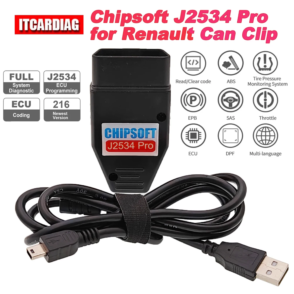 Chipsoft J2534 Pro for Renault Can Clip V216 VCI Diagnostic Cable  J2534 Programming ECU Coding OBD 2 OBD2 Car Diagnostic Tool