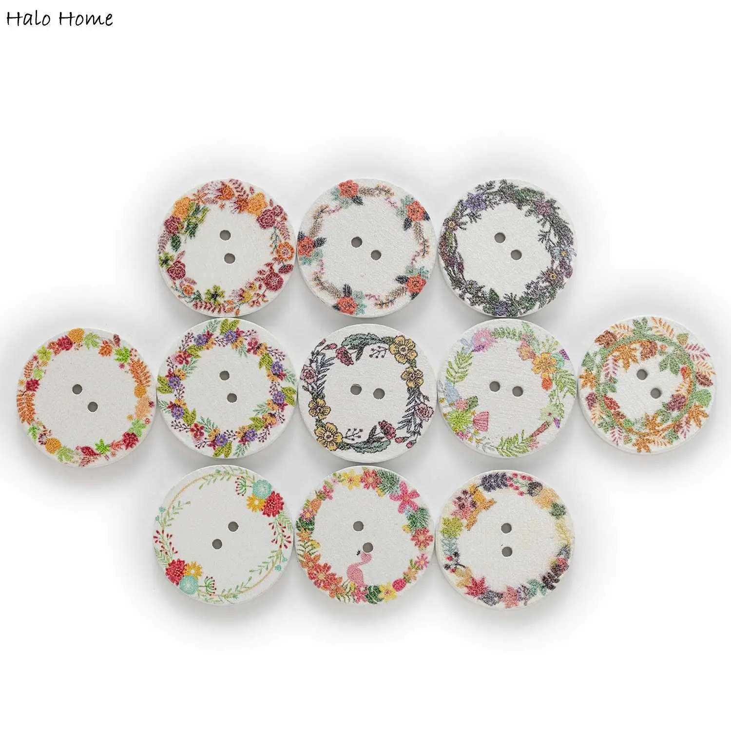 50pcs Mixed Round Wreath Theme Print Wooden Buttons Handwork Sewing Scrapbooking Clothing Crafts Accessories Gift Card 15-25mm