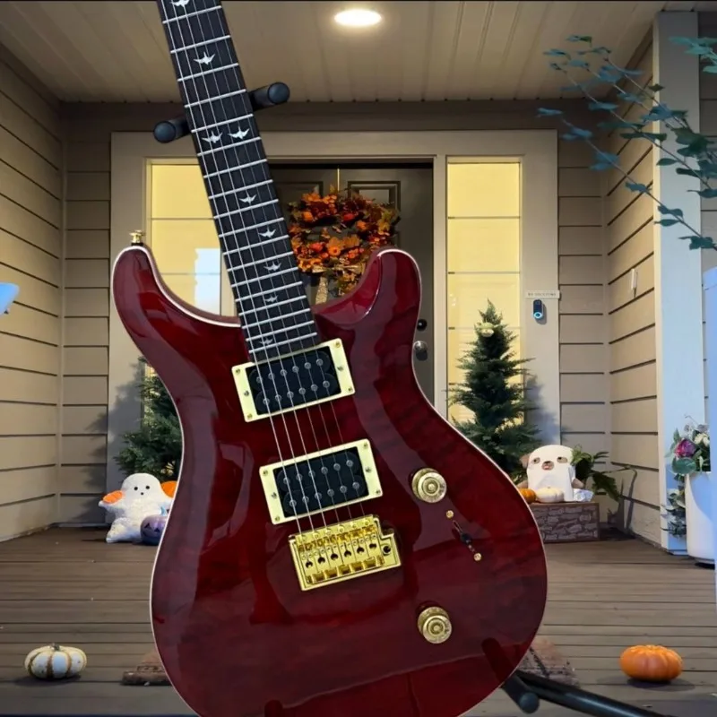 PRS Style Dark Red Flamed Maple Electric Guitar Dual Humbucker Big Tremolo Bridge Bird Inlays Gold Hardware Rock Metal Stage