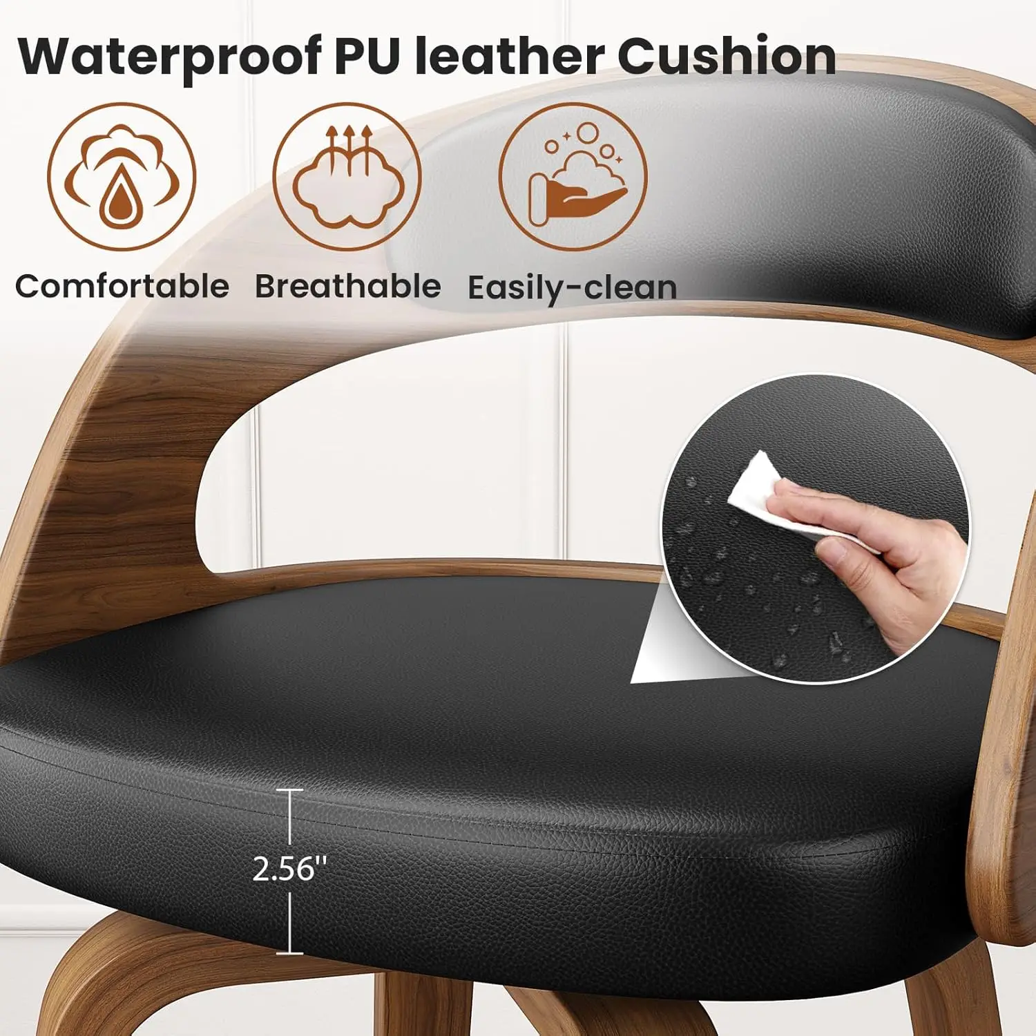 회전식 바 의자 3개, 26' 카운터 높이, 백과 발판이 있는 미드센츄리 모던 PU 가죽 바 의자, 블랙