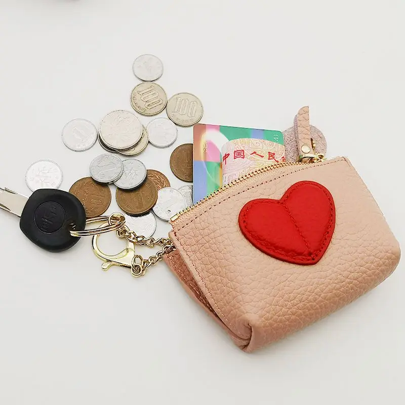 Genuine Leather Heart Coin Purse Women Key Holder Ladies Cute Heart Patch Small Pouch Key Holder Leather Wallet Coin Purses