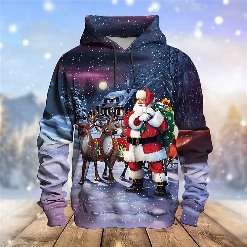 3D printed fun and ugly Santa Claus men's hoodie with Christmas reindeer pattern long sleeved casual sportswear suitable for bot