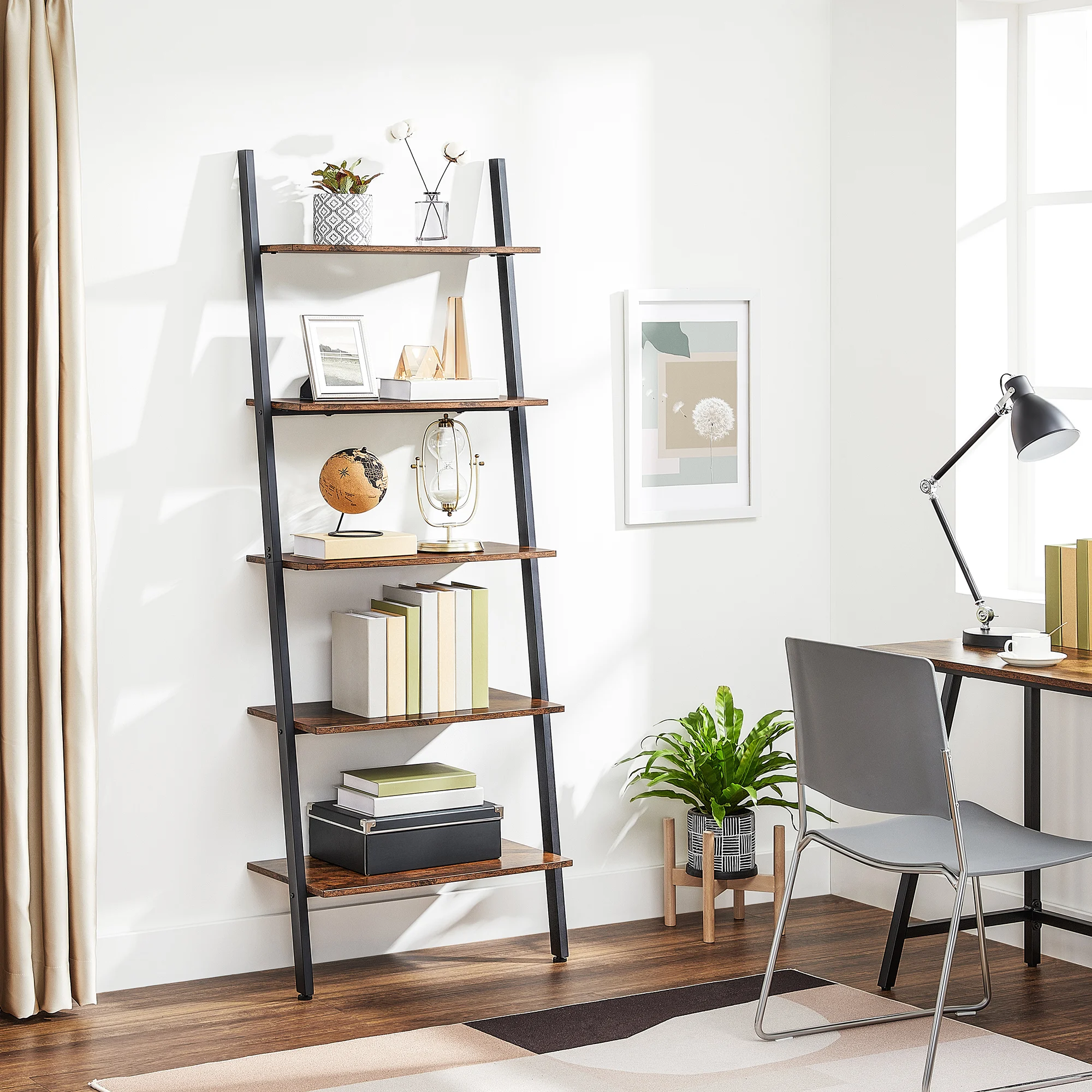 VASAGLE Industrial Style Ladder Bookcase Bookcase Storage Unit 5 Tier Tilted Shelf for Living Room