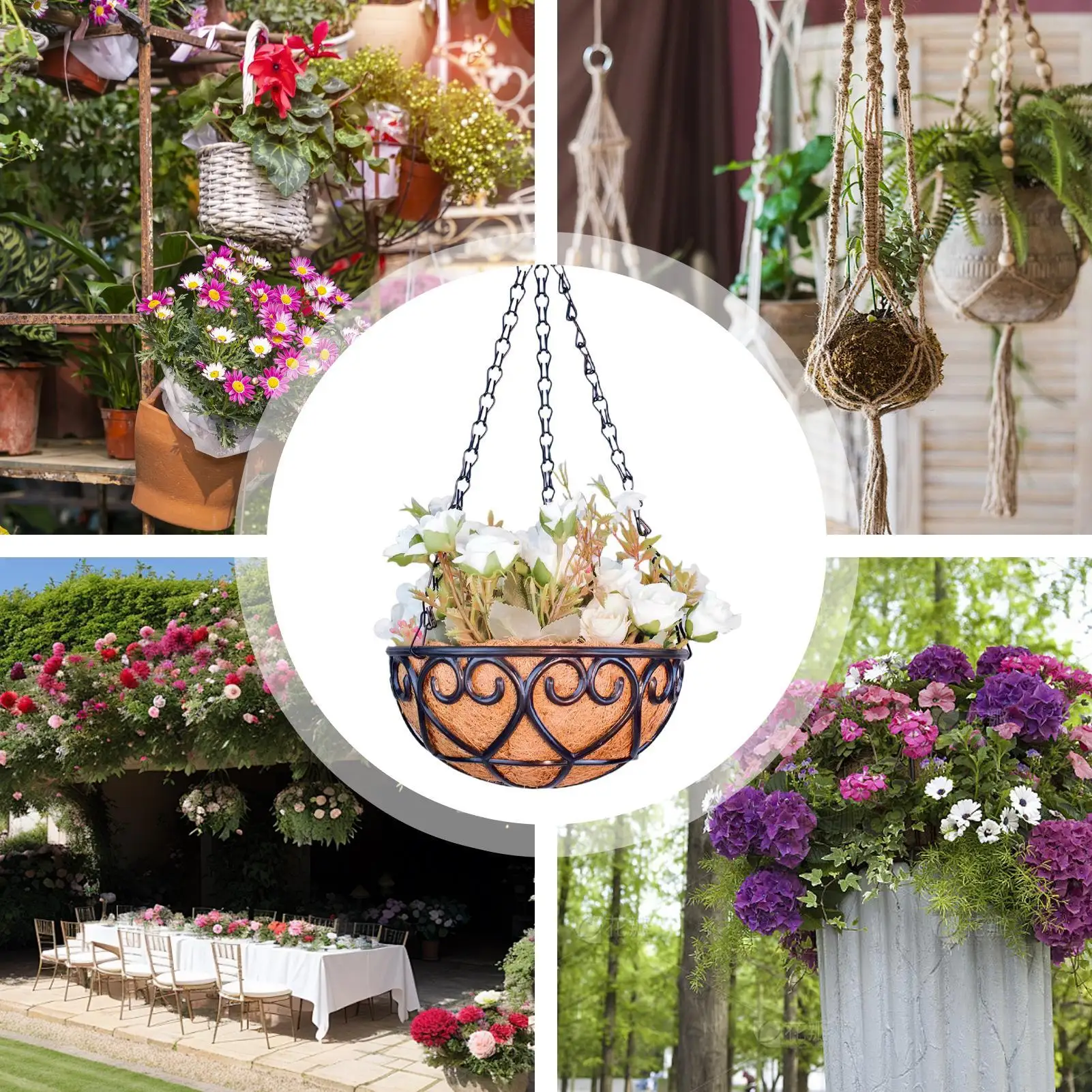 Coconut Brown Round Iron Chain Hanging Basket Flowerpot European Creative Fleshy Green Plant Indoor and Outdoor Flowerpots