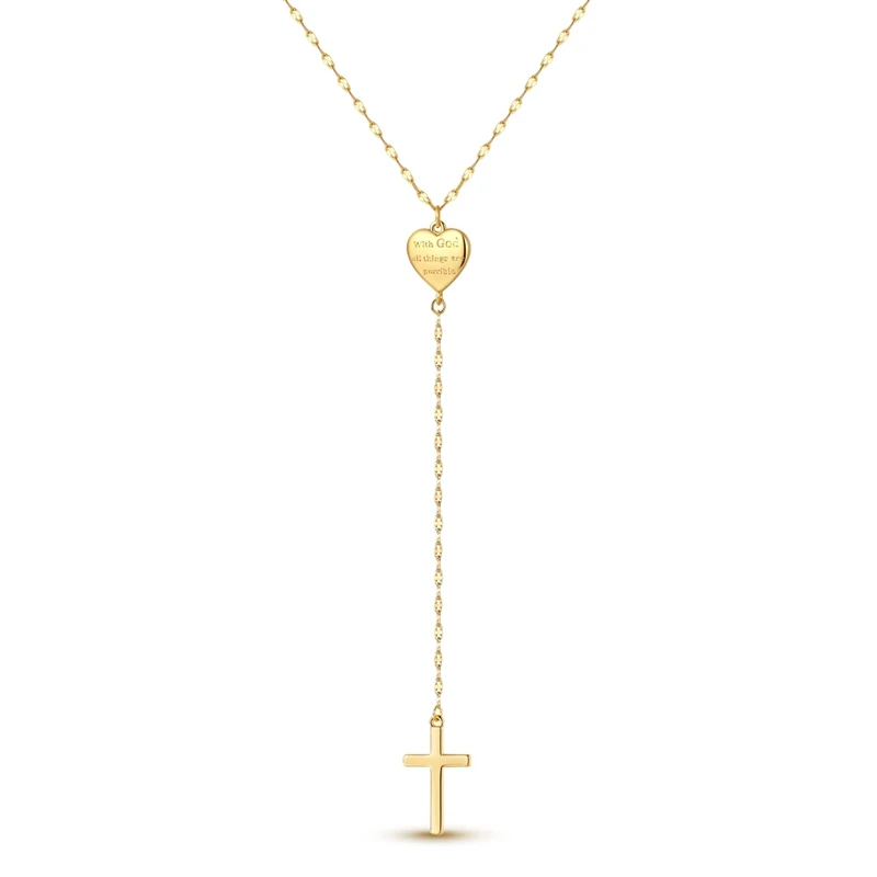 S925 Sterling Silver Faith Cross Lariat Necklace With God All Things Are Possible Heart Pendant Y-NecklaceJewelry for Women Gift
