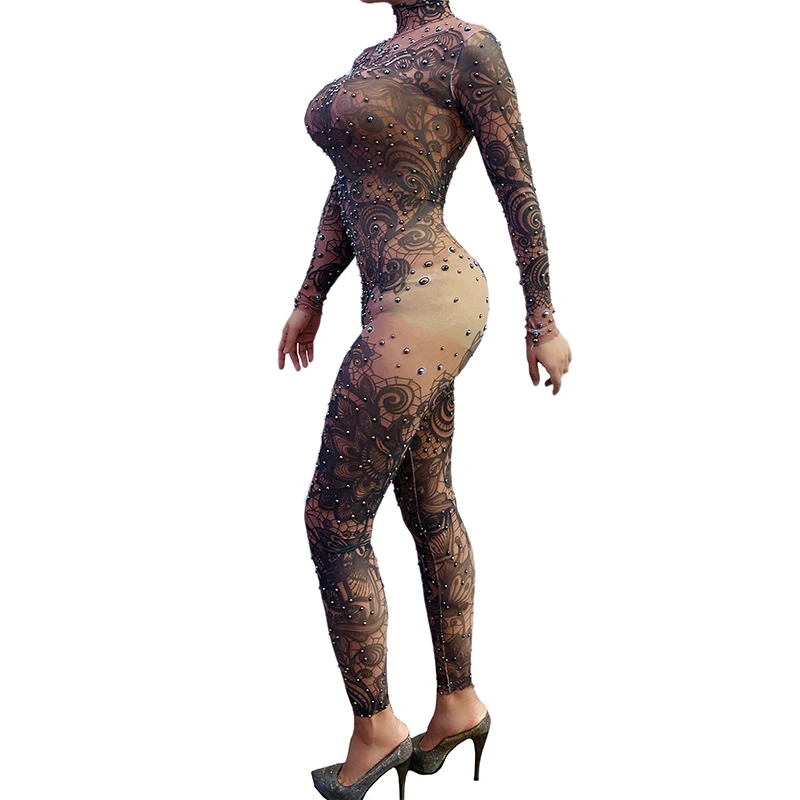 고고 댄서 의류 여성용 무대 복장, 라인석 프린트 신축성 바디 수트, 나이트 클럽 바 댄스복, 레이브 축제 의류 2750