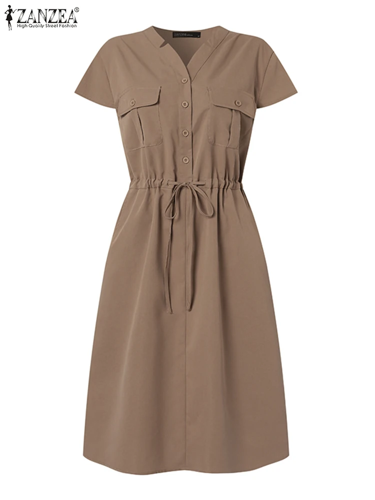 ZANZEA Summer Short Sleeve Solid Knee-length Dress Fashion Women V Neck Casual Drawstring Waist Vestidos Party Beach Sundress