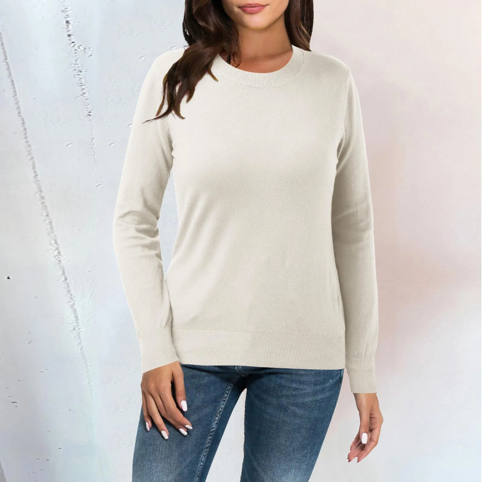 Jersey informal de Color sólido con cuello redondo para mujer, Jersey holgado de manga larga de punto, Top térmico, suéter versátil Simple