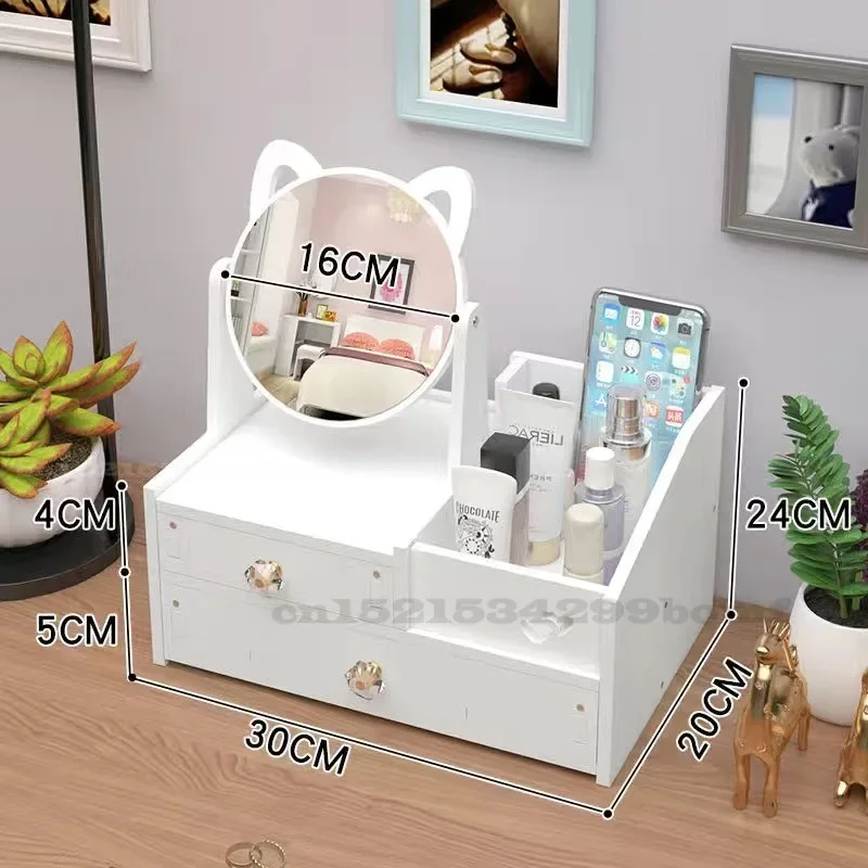 Dressing Table Dresser com Lovely Cats Espelho, Rotate Makeup Organizer, Escova de esmalte, Caixa de armazenamento de jóias, Casa