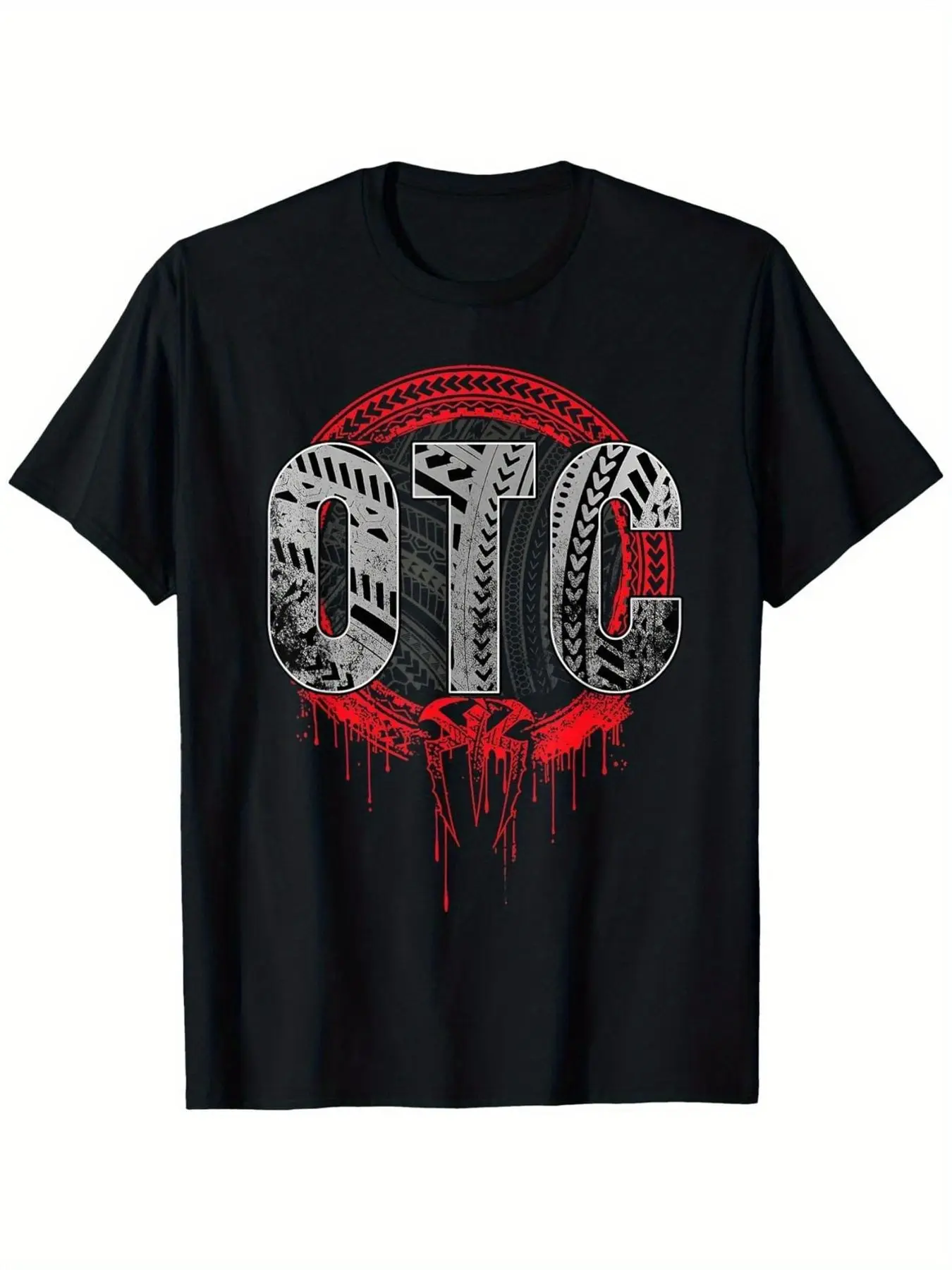 Men's Plus Size Black T-Shirt with Bold OTC Graphic - Automotive Themed Design featuring Unique Tire-Tread Patterns and Dripping Red Paint Effects