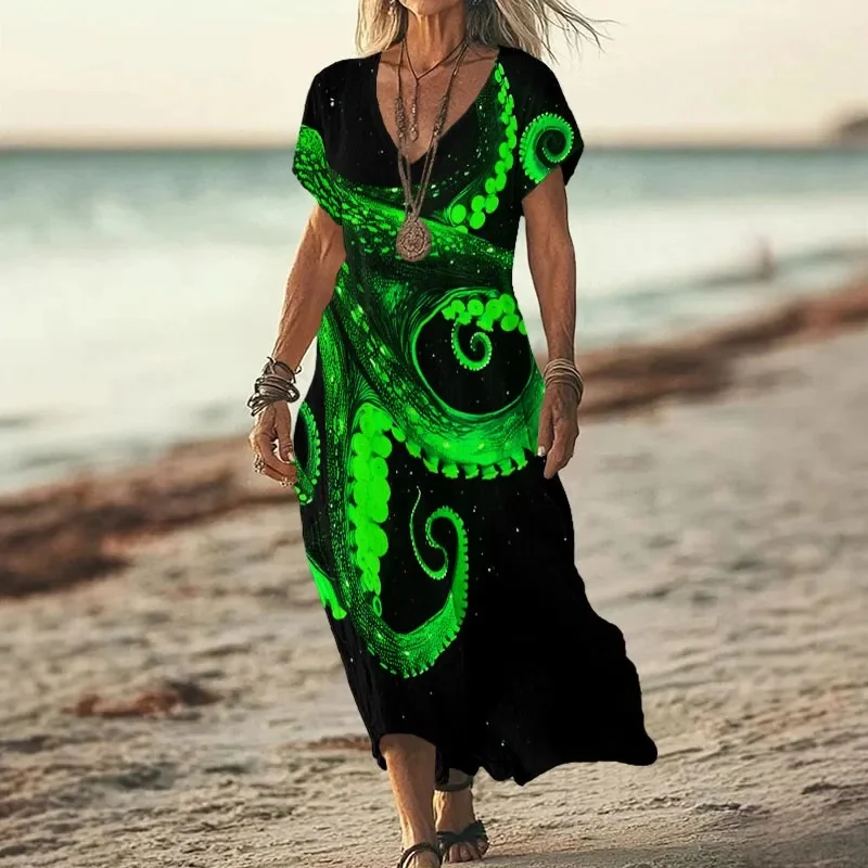 Creative Octopus Art Print V-neck Dress 3D Printed Casual V-neck Dress Female Dresses