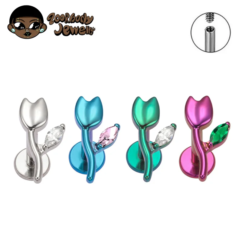 ASTM F136 Titanium Rose Lab Piercing Helix Earring Labret Stud Cartilage Earring Internally Threaded Flat CZ Tragus Body Jewelry