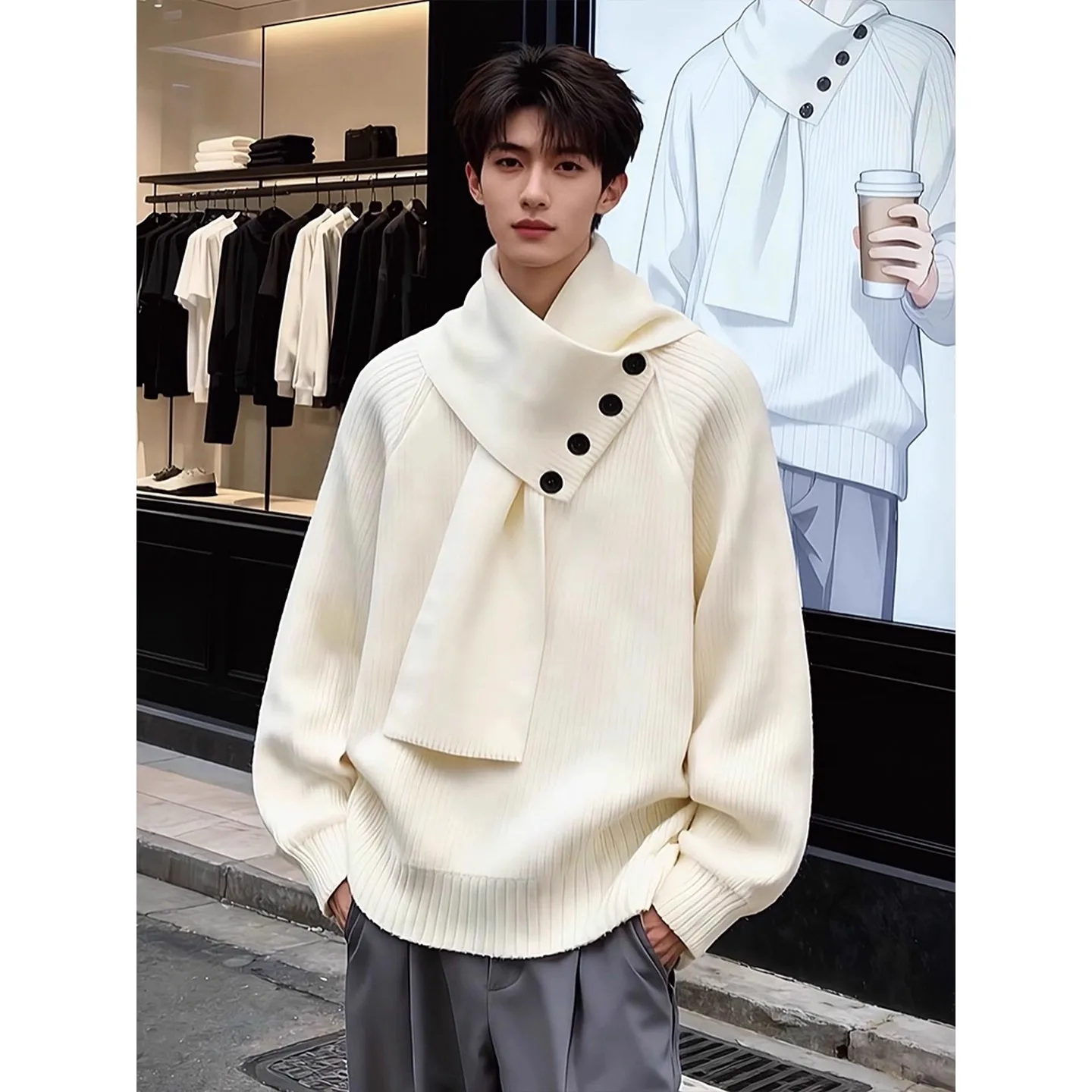 

Мужской вязаный свитер с высоким воротником Thiened, зимний свитер для отдыха с шарфом, свободная трикотажная одежда для молодежи