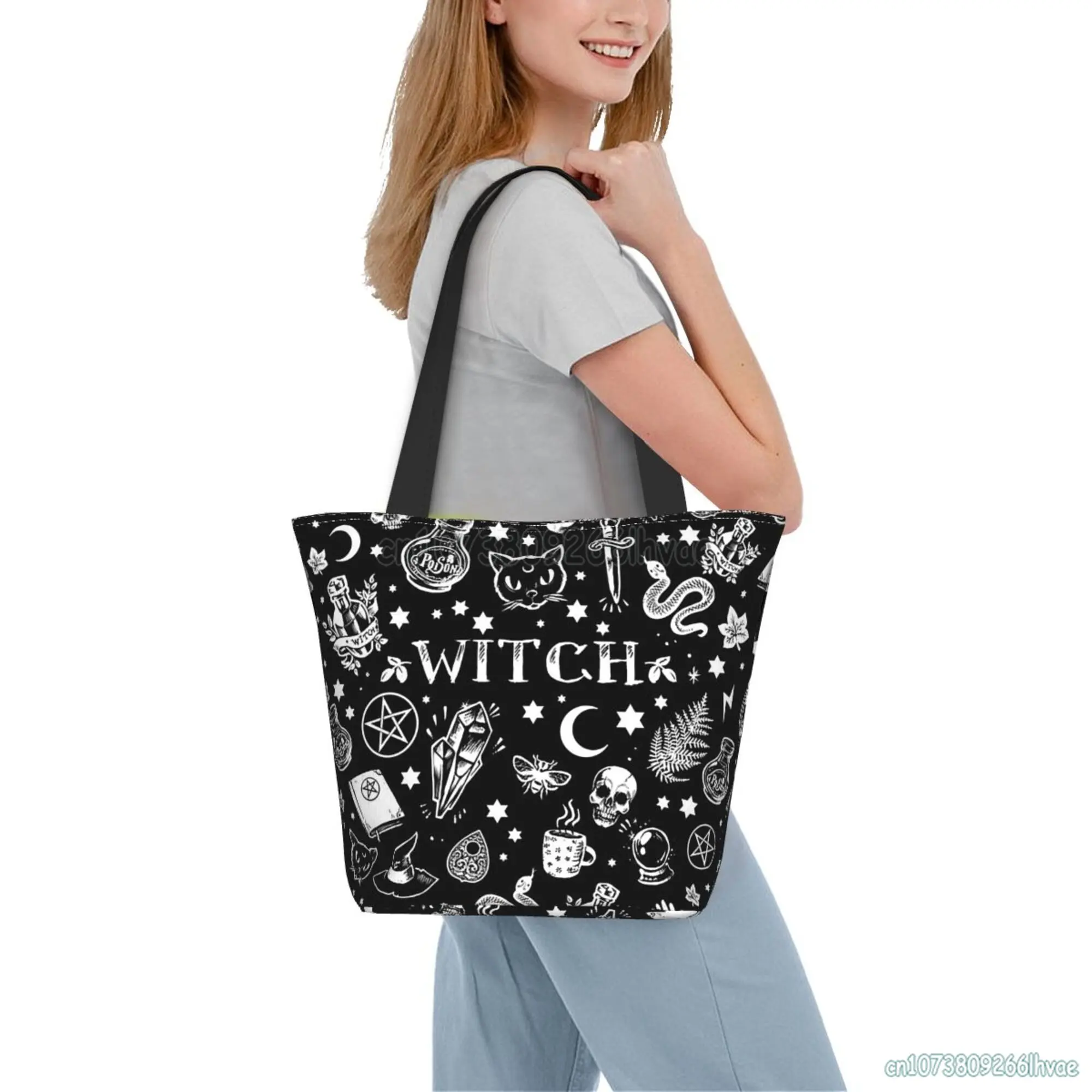 Halloween Witch Skull Pattern Shopping Bag Evil Horror Reusable Grocery Shopping Tote Bag Storage Handbag Women Shoulder Bag