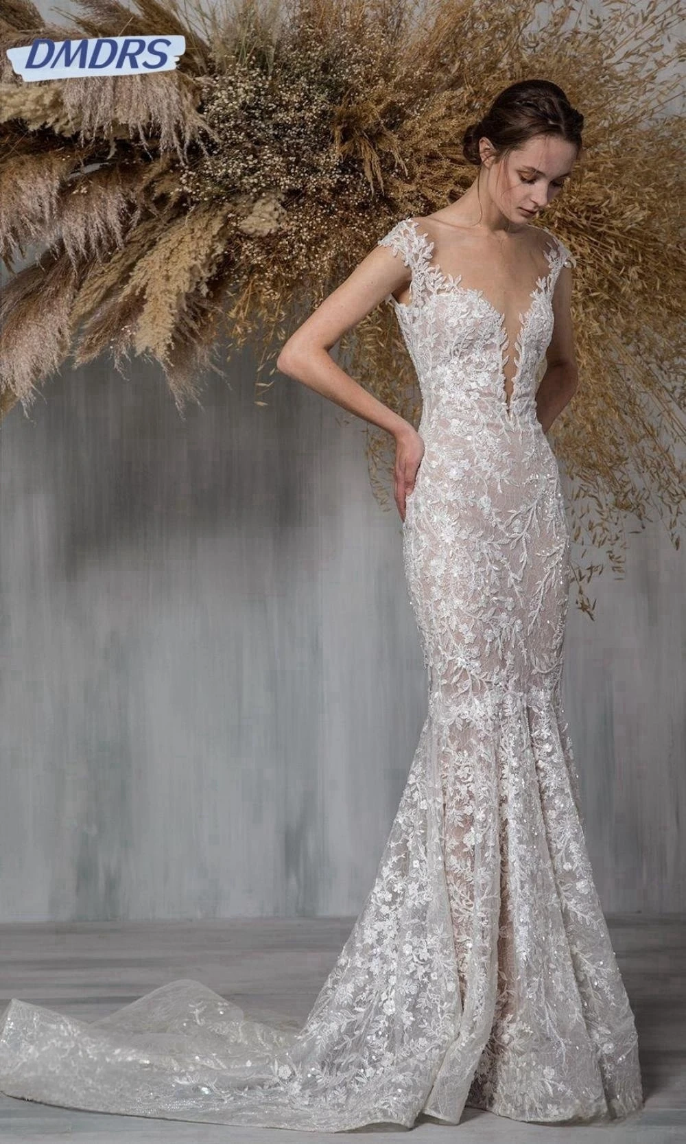 Elegant Sweetheart Neck Sleeveless Bridal Gown Sexy Lace Backless Gowns Popular Printed Fishtail Dress Robes De Soirée