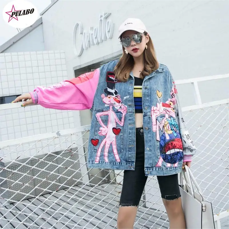 PULABO Autumn Cartoon Streetwear Denim Coat Single Breasted Spliced Coat Turn-down Collar Loose Coat Woman PULABO