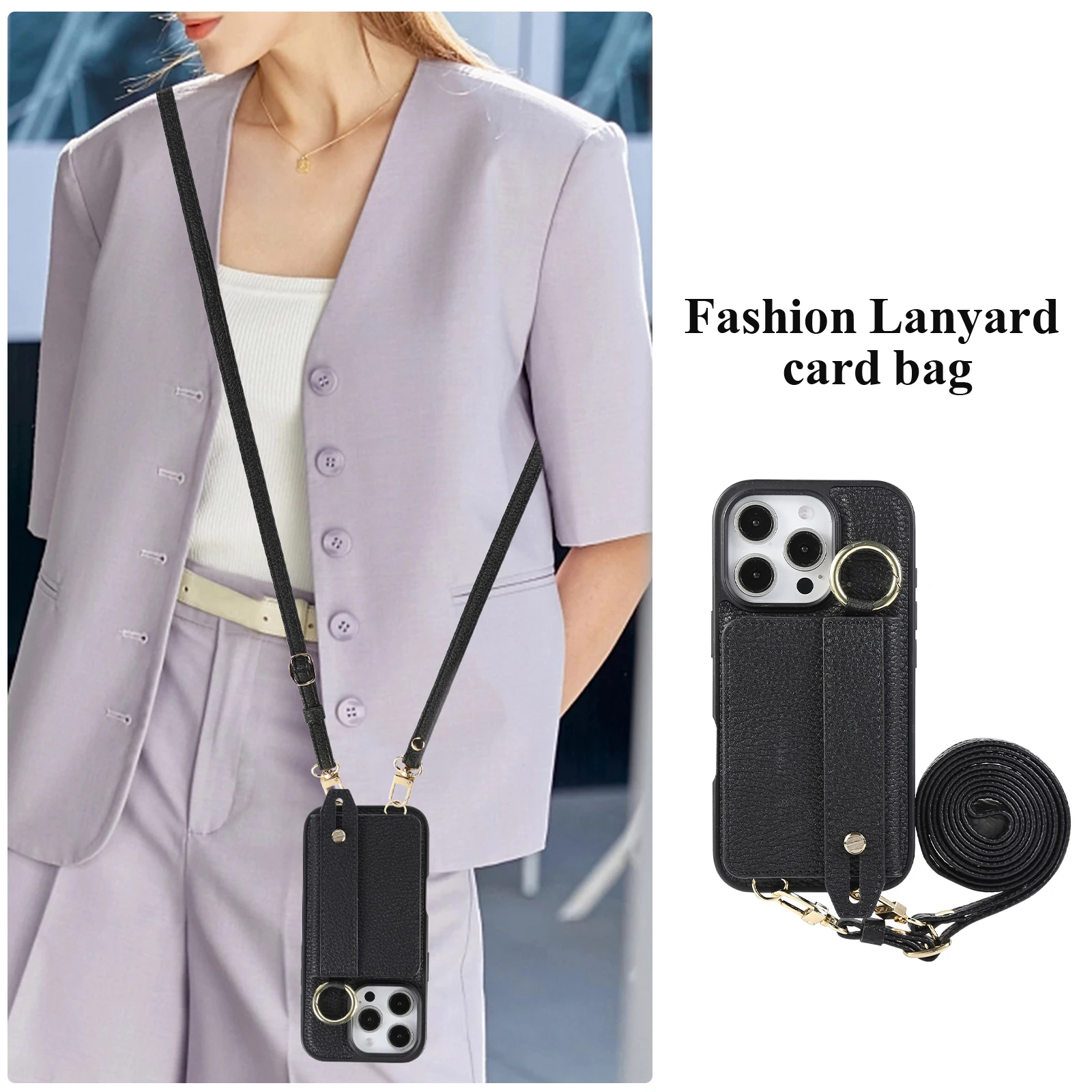 Чехол с слотом для карт для iPhone 16 15 14 Pro Max Plus 16E 13 12 11 Чехлы для карт Сумка на запястье Кожаный чехол с плечевым ремнем