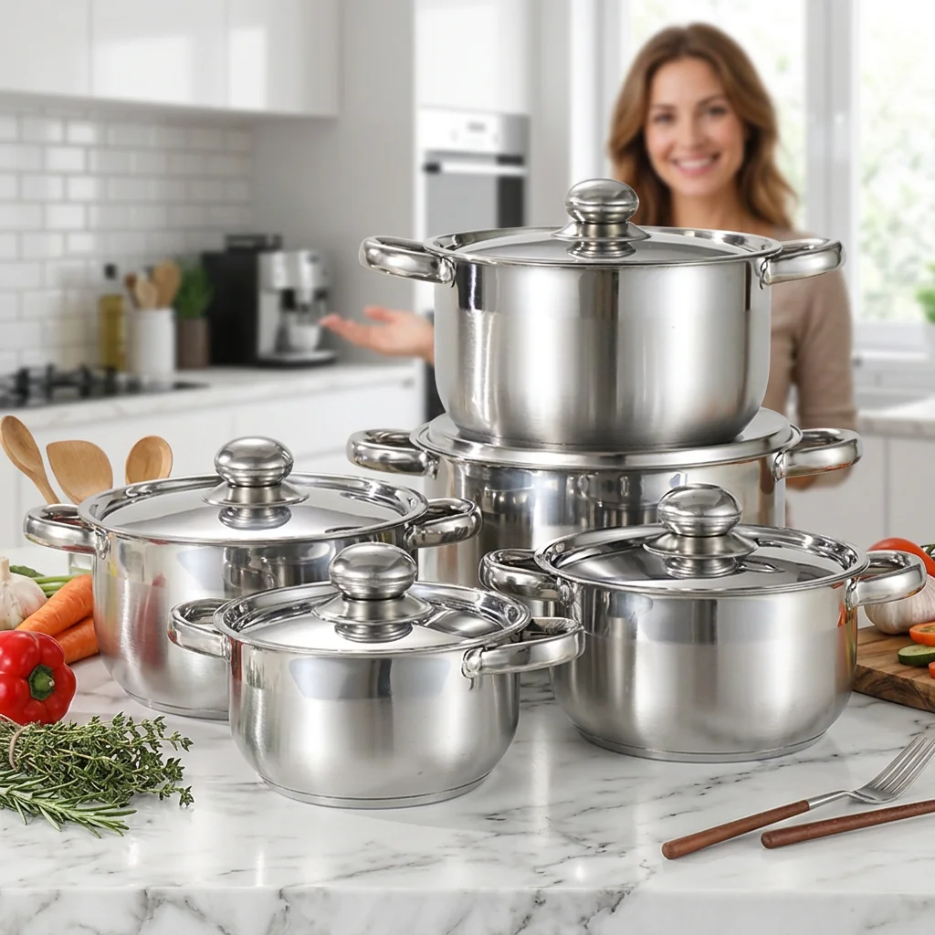 16Cm 18cm 20cm 22cm 24cm Kitchen Double Bottom Pot Stainless Steel Deluxe Pot Set 10-piece Cookware Set
