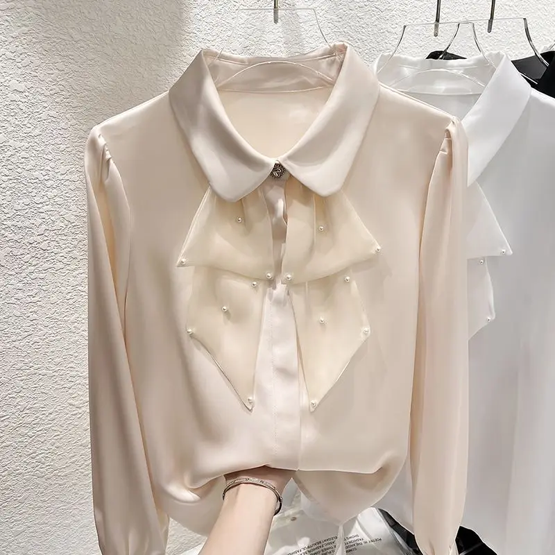 

Spring New Chiffon Patchwork Shirt Tops Long Sleeve Solid Color Loose All-match Blouse Temperament Elegant Women Clothing