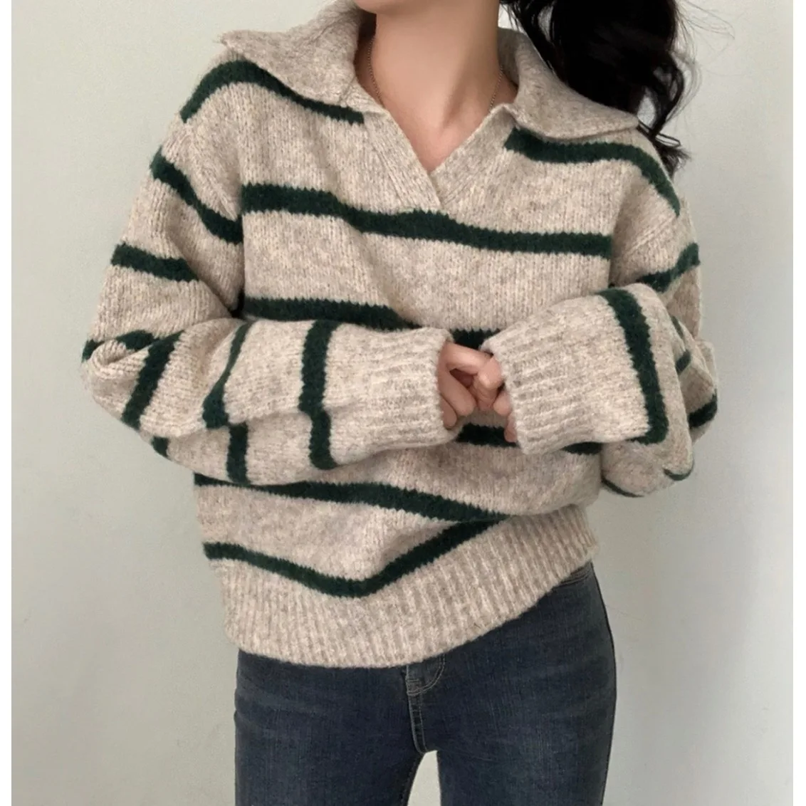 الخريف الشتاء شيك كسول Sle اللون Blo مخطط Ne فضفاض دافئ تنوعا محبوك سترة ألياف البوليستر V Ne #1