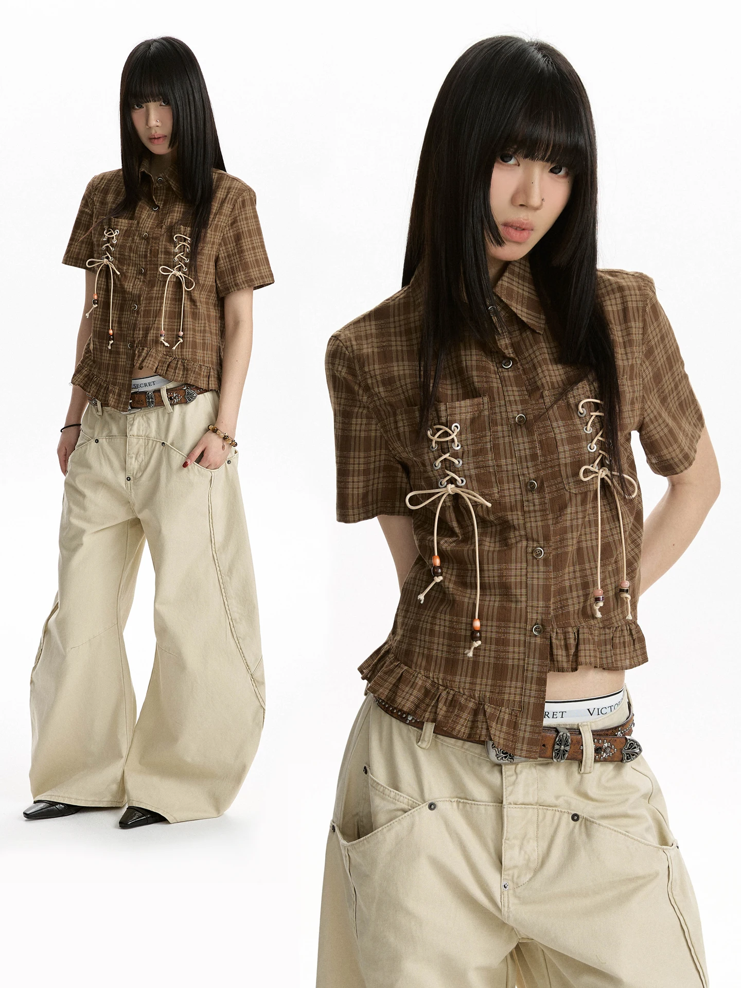 

Женская рубашка Apocket в клетку с коротким рукавом и ретро-дизайном на бретелях, летняя, в необычном стиле, приталенная, дышащая, из хлопка, повседневная