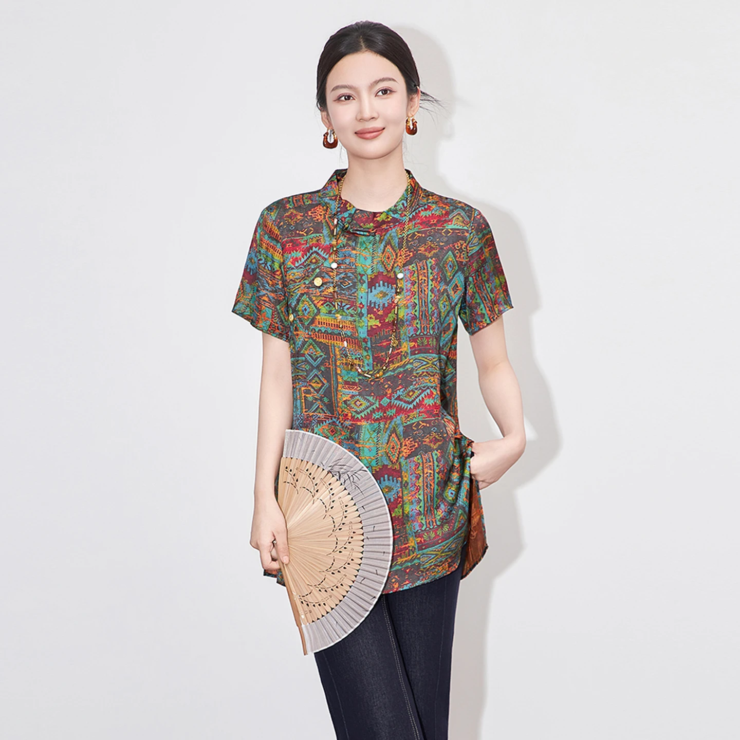 

New 2025 Oriental Ink Painting Blouse Rayon Xiangyunsha Vintage Diagonal Closure Elegant Women's Shirt