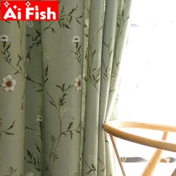 American Country Green Plant Flowers Cotton Linen Window Curtains For Living Room Rustic Printed Bedroom Window Blackout Drapes