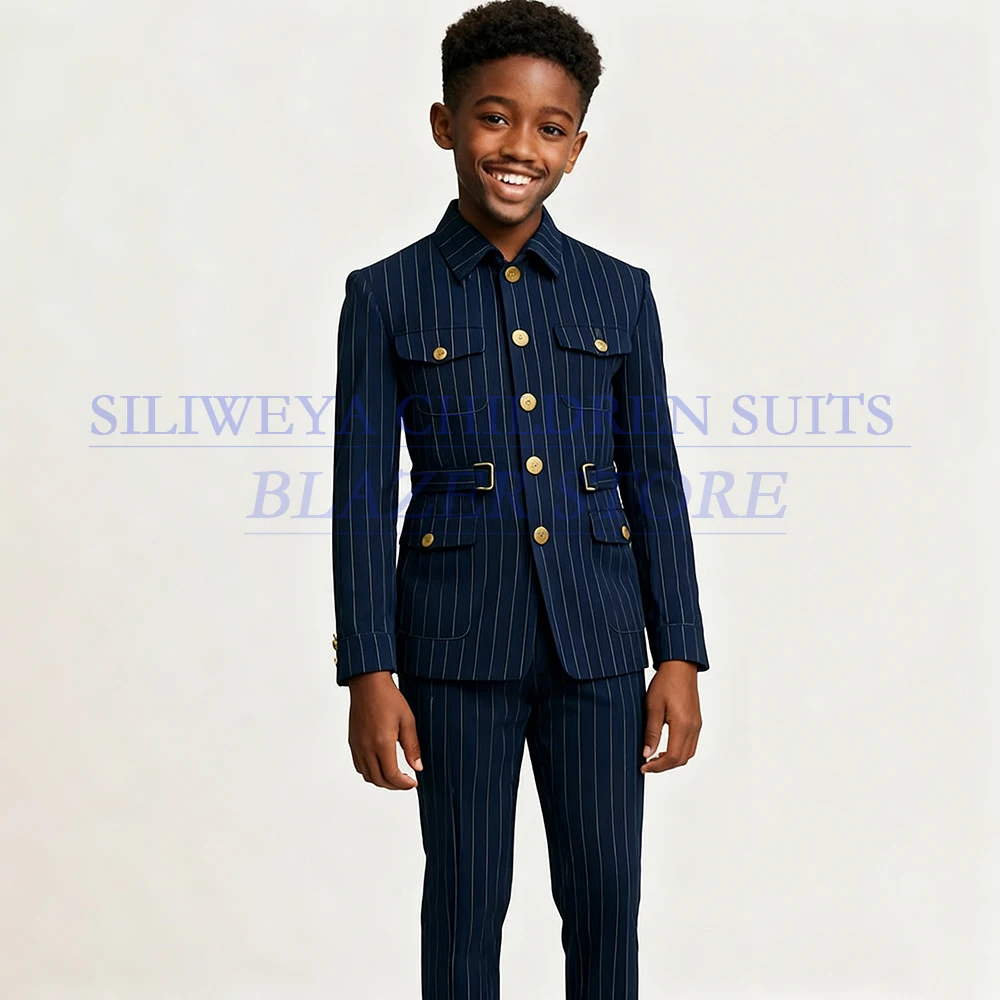 

Luxury Boy's Suits Formal Navy Blue Pinstripe Single Breasted Stand Lapel Slim Fit Children Outfits Customzied Kids Full Sets