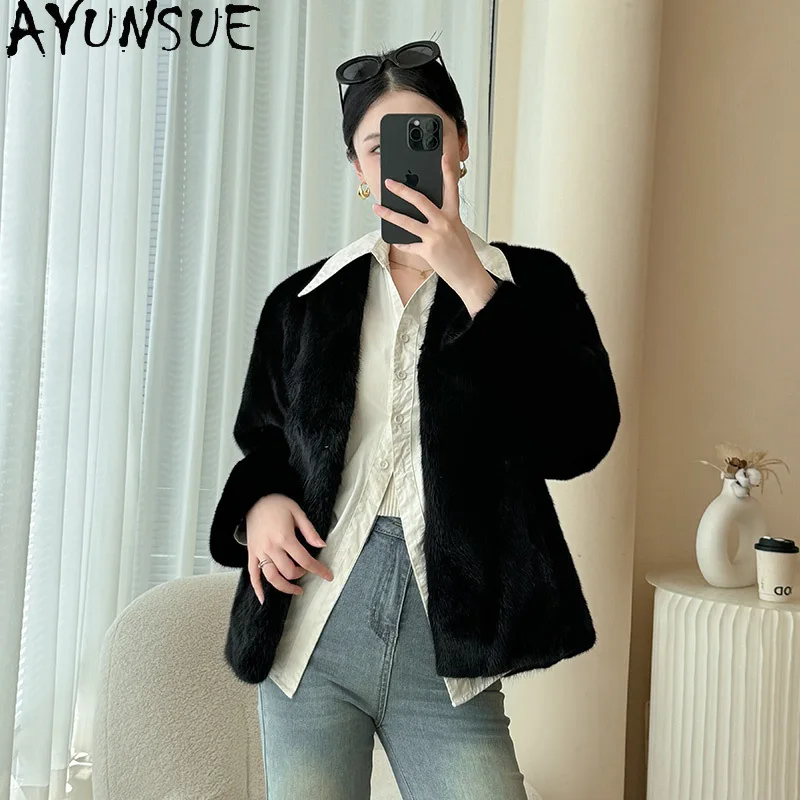 AYUNSUE แจ็คเก็ตขนสัตว์มิงค์ธรรมชาติผู้หญิง V คอยาวแขนยาวเสื้อขนสัตว์จริงสำหรับผู้หญิงเสื้อผ้าทั้งมิงค์คุณภาพสูงอับริโก มูเยร์