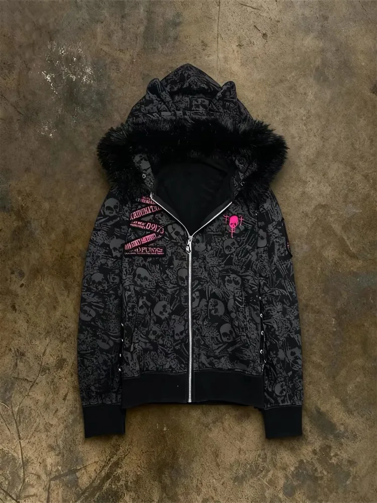Y2K Gothic Punk Women Hooded Jacket Cat Ears Design Faux Fur Trim Skulls Print Harajuku Style Long Sleeve Casual Coat Autumn New