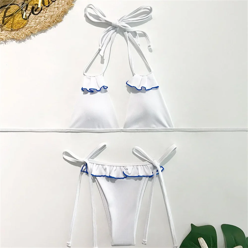 Sexy Ruffled Bikini White String Kawaii Swimsuit Criss Cross Bandage Vacation Swimwears Women Halter Backless Beach Bathing Suit