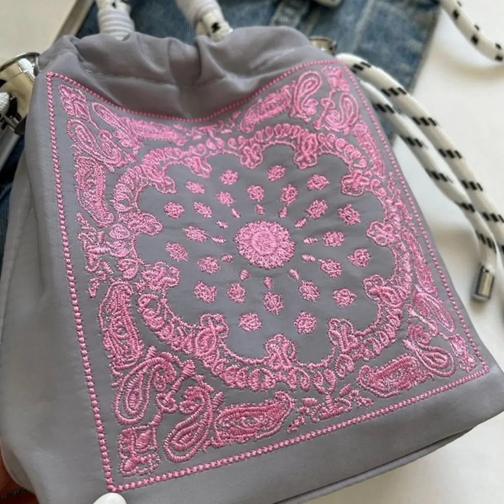 Cashew Flower Embroidery Drawstring Bag Korean Style Bucket Bag Nylon Shoulder Bag Wallet Solid Color Mobile Phone Bag Travel