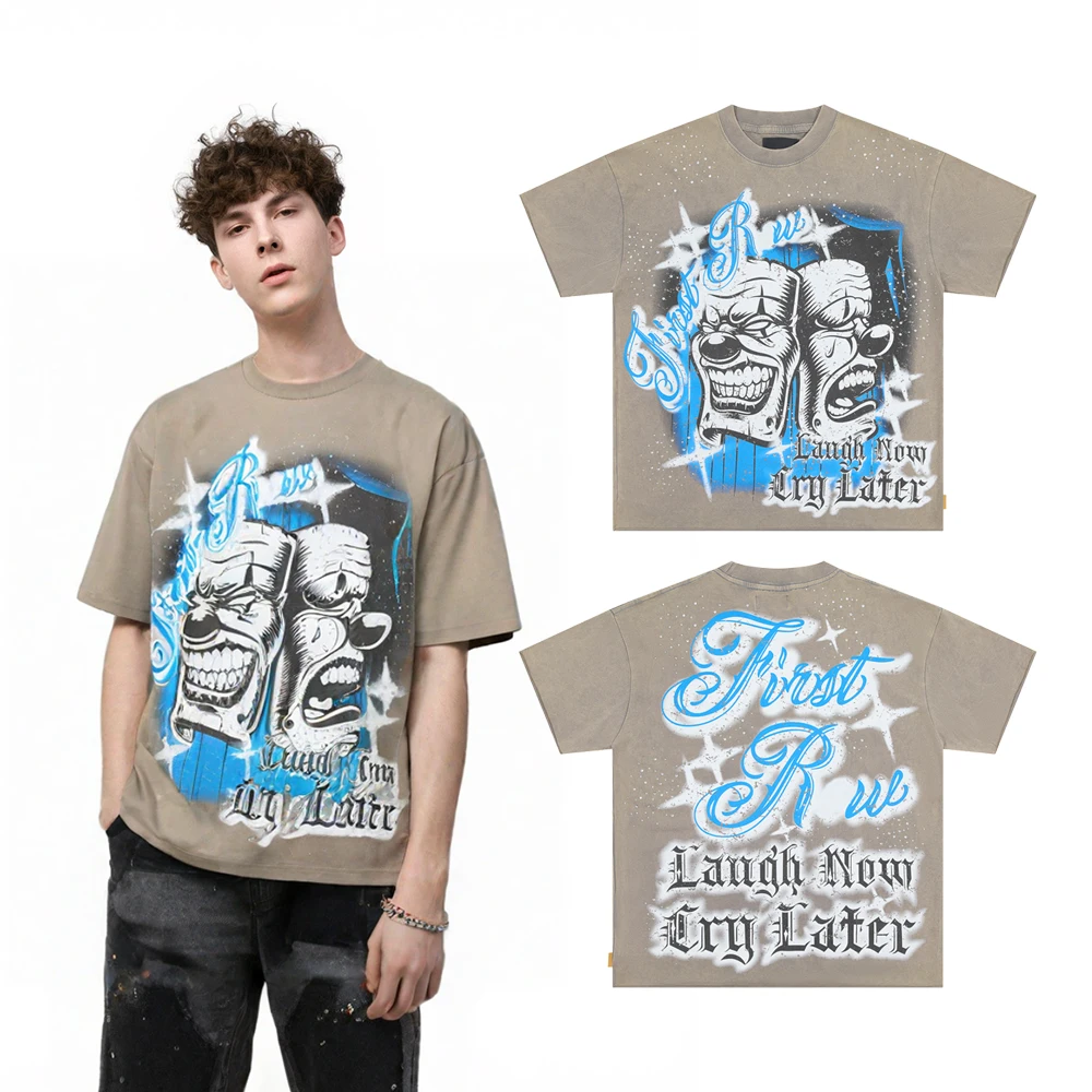 Y2k Streetwear Clown Mask Graphic T Shirts with Rhinestones Hiphop Street Style Cotton Retro Distressed Casual Short Sleeve Tees