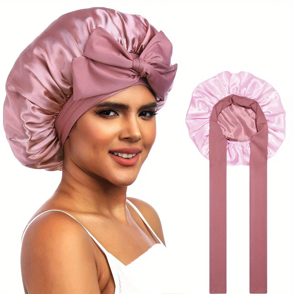 Double-Layered Satin Bonnet With Elastic Band And Drawstring, Contrast Color, Reversible, Adjustable Sleeping , Beauty Makeup He