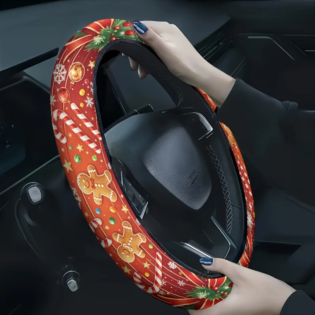 1pc 2D Printed Gingerbread Man Candy Cane Christmas Theme Car Steering Wheel Cover - Seamless Design, Enhanced Grip And Style